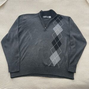 Oscar De La Renta Sweater Mens Size XL Gray Argyle Knit Quarter Zip